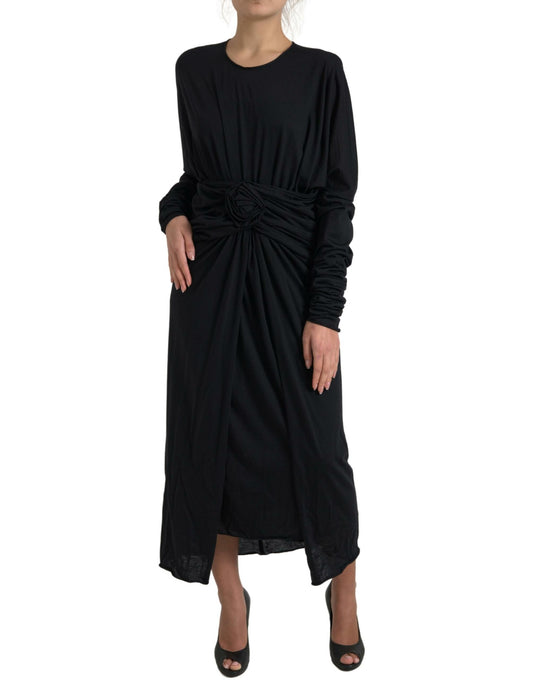 Black Wool Wrap Sheath Midi Gown Dress-Dolce & Gabbana-LabelTerrace.com