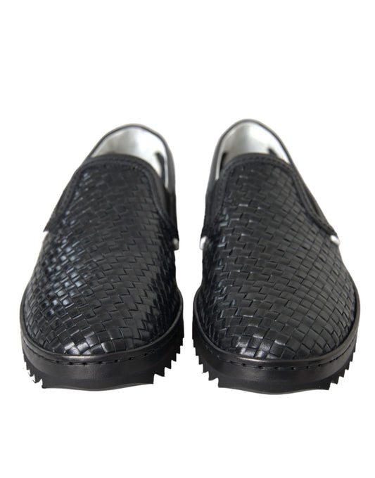 Black Woven Buffalo Leather Men Loafers Shoes-Dolce & Gabbana-LabelTerrace.com