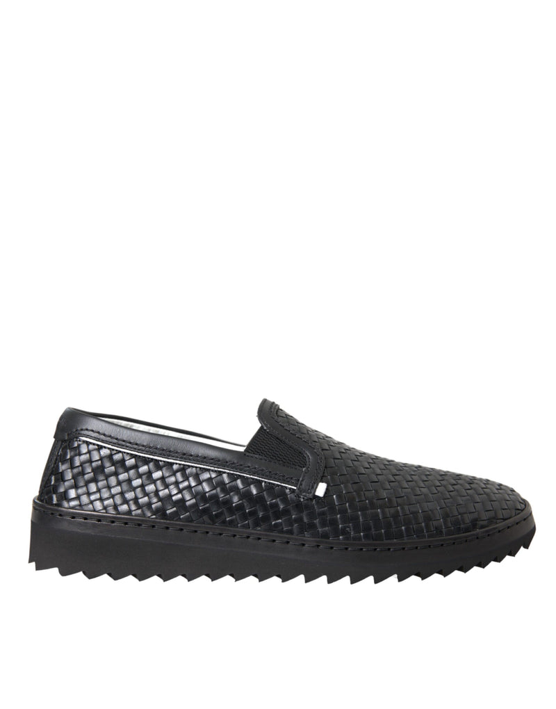 Black Woven Buffalo Leather Men Loafers Shoes-Dolce & Gabbana-LabelTerrace.com