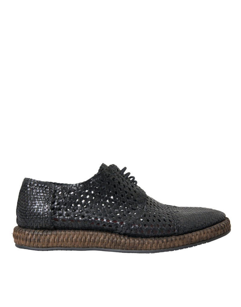 Black Woven Goat Leather Lace Up Derby Shoes-Dolce & Gabbana-LabelTerrace.com