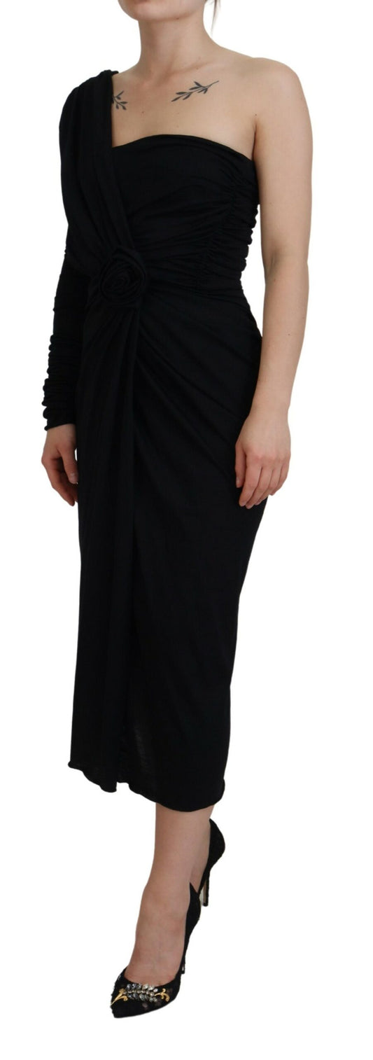 Black Wrap Sheath One Shoulder Wool Dress-Dolce & Gabbana-LabelTerrace.com