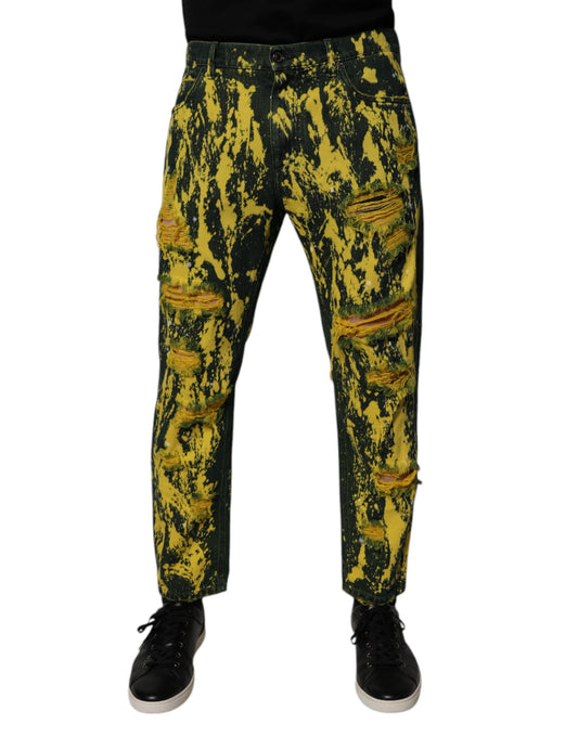 Black Yellow Tie Dye Tattered Skinny Men Denim Jeans-Dolce & Gabbana-LabelTerrace.com