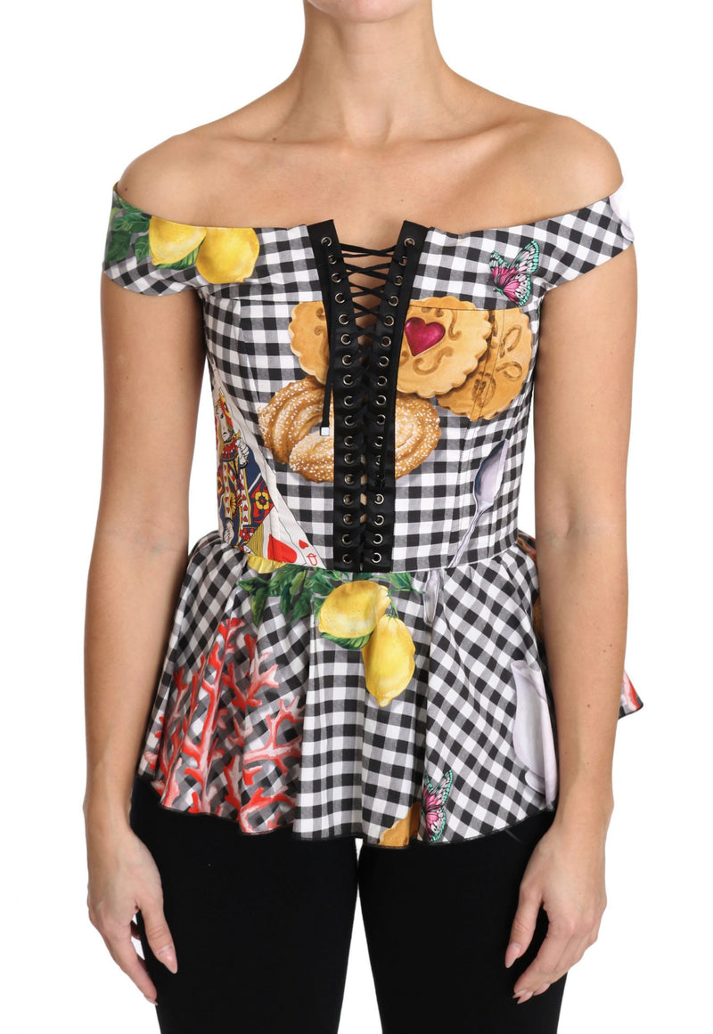 Black and White Corset Blouse Sicily Lemon Check Top-Dolce & Gabbana-LabelTerrace.com