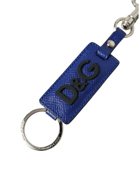 Blue Calf Leather DG Logo Silver Brass Keyring Keychain-Dolce & Gabbana-LabelTerrace.com