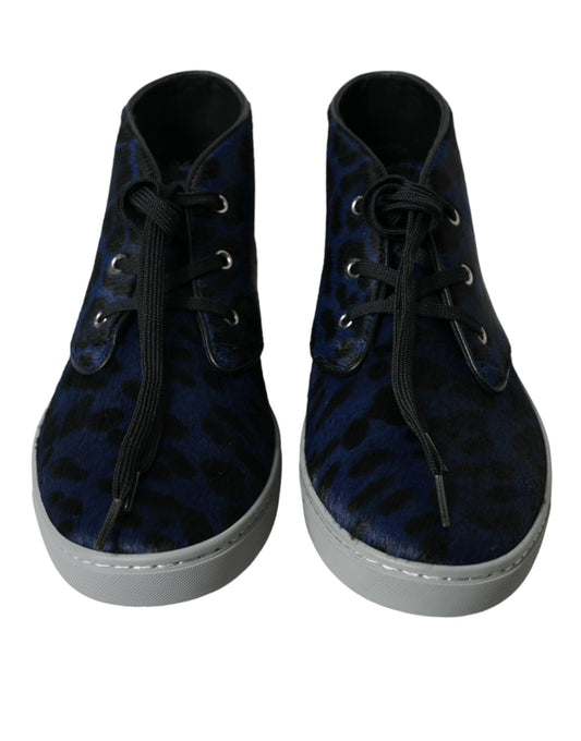 Blue Calfskin Leopard Mid Top Sneakers Shoes-Dolce & Gabbana-LabelTerrace.com