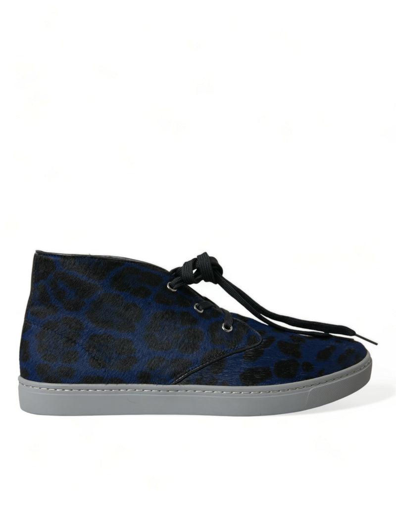 Blue Calfskin Leopard Mid Top Sneakers Shoes-Dolce & Gabbana-LabelTerrace.com
