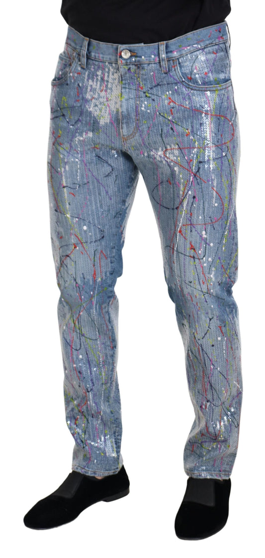 Blue Cotton Color Splash Print Denim Jeans-Dolce & Gabbana-LabelTerrace.com