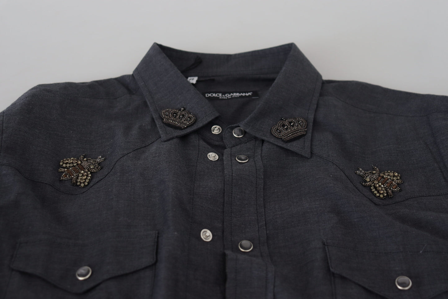 Blue Cotton Denim Crystal Bee Shirt-Dolce & Gabbana-LabelTerrace.com