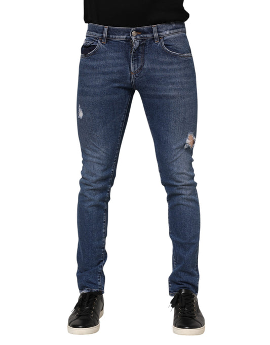 Blue Cotton Logo Plaque Skinny Men Denim Jeans-Dolce & Gabbana-LabelTerrace.com