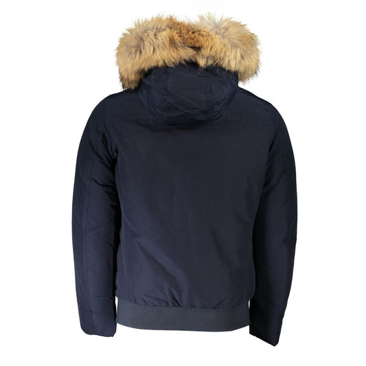Blue Cotton Men's Jacket with Removable Hood