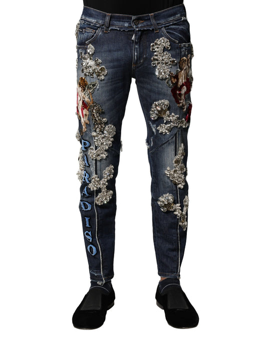 Blue Cotton Rhinestone Embellish Denim Jeans-Dolce & Gabbana-LabelTerrace.com