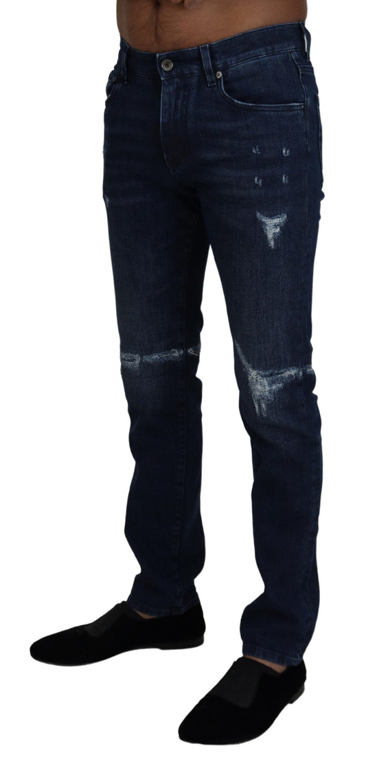 Blue Cotton Skinny Tattered Denim Jeans-Dolce & Gabbana-LabelTerrace.com