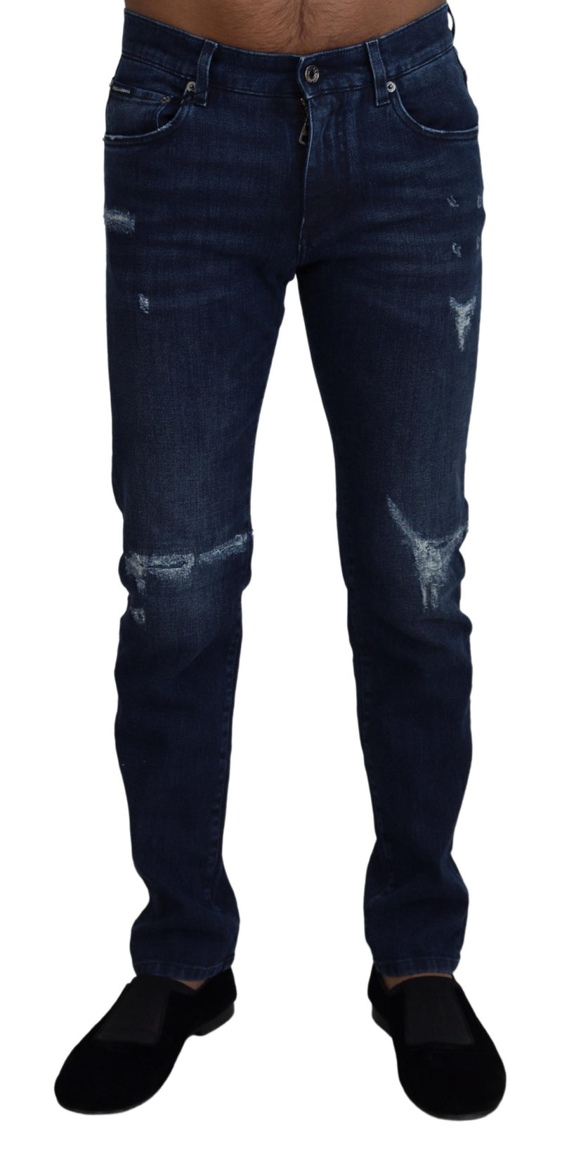 Blue Cotton Skinny Tattered Denim Jeans-Dolce & Gabbana-LabelTerrace.com
