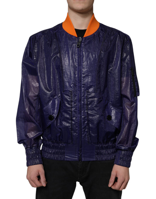 Blue Cotton Stretch Full Zip Bomber Jacket-Dolce & Gabbana-LabelTerrace.com