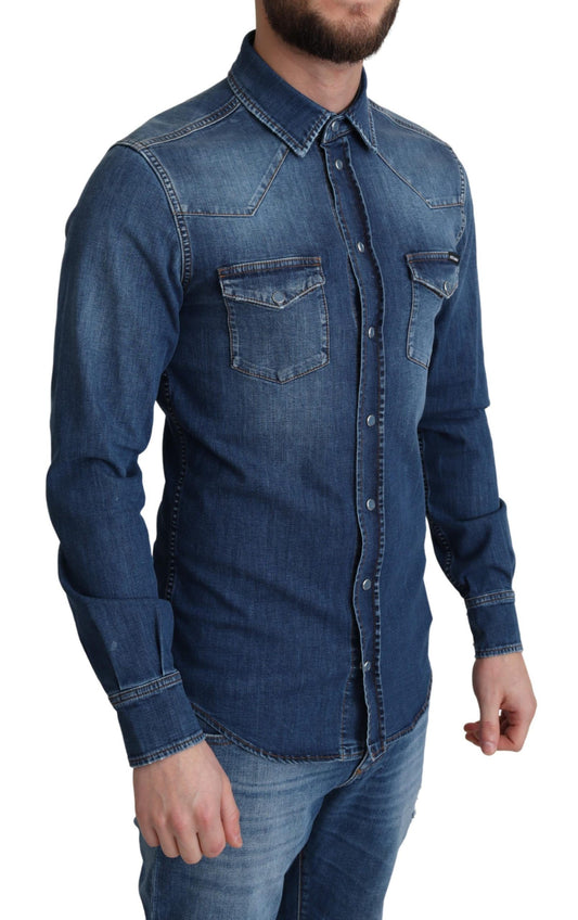 Blue Cotton Stretch Long Sleeves Denim Shirt-Dolce & Gabbana-LabelTerrace.com