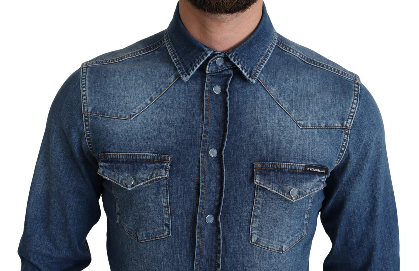 Blue Cotton Stretch Long Sleeves Denim Shirt-Dolce & Gabbana-LabelTerrace.com