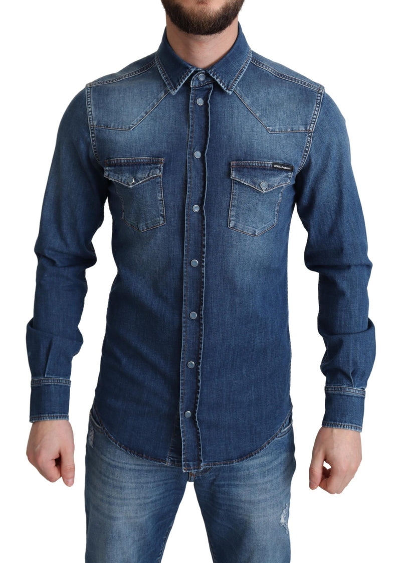 Blue Cotton Stretch Long Sleeves Denim Shirt-Dolce & Gabbana-LabelTerrace.com