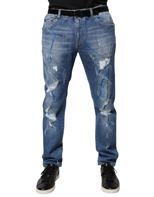 Blue Cotton Stretch Tattered Skinny Denim Jeans-Dolce & Gabbana-LabelTerrace.com