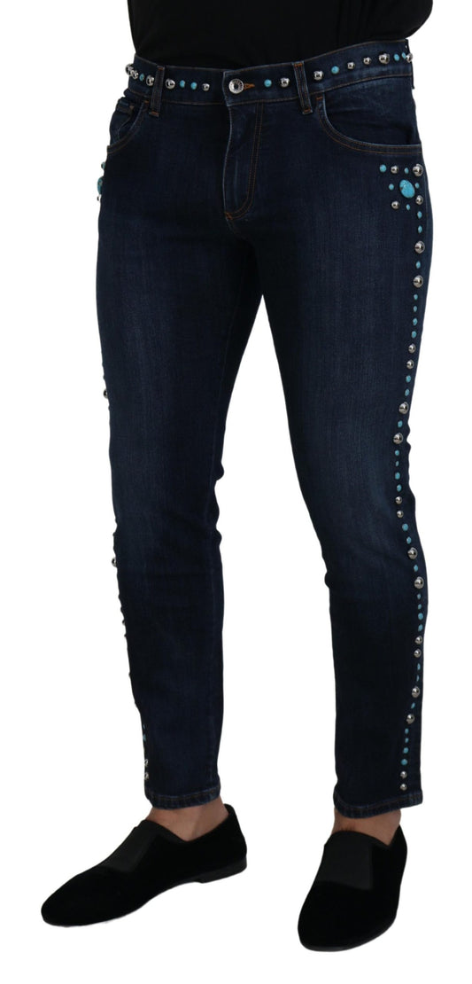 Blue Cotton Studded Low Waist Denim Jeans-Dolce & Gabbana-LabelTerrace.com