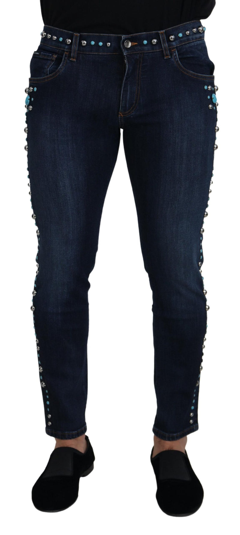 Blue Cotton Studded Low Waist Denim Jeans-Dolce & Gabbana-LabelTerrace.com