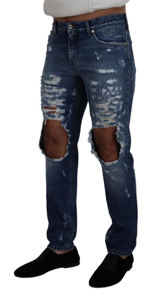Blue Cotton Tattered Men Denim Jeans-Dolce & Gabbana-LabelTerrace.com