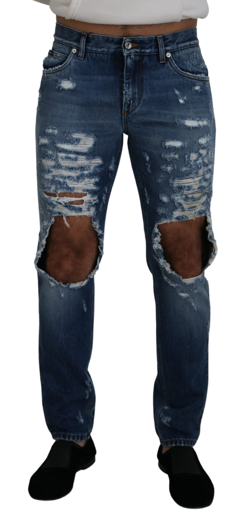 Blue Cotton Tattered Men Denim Jeans-Dolce & Gabbana-LabelTerrace.com