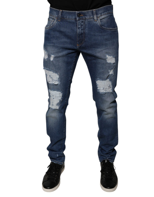 Blue Cotton Tattered Skinny Denim Jeans-Dolce & Gabbana-LabelTerrace.com