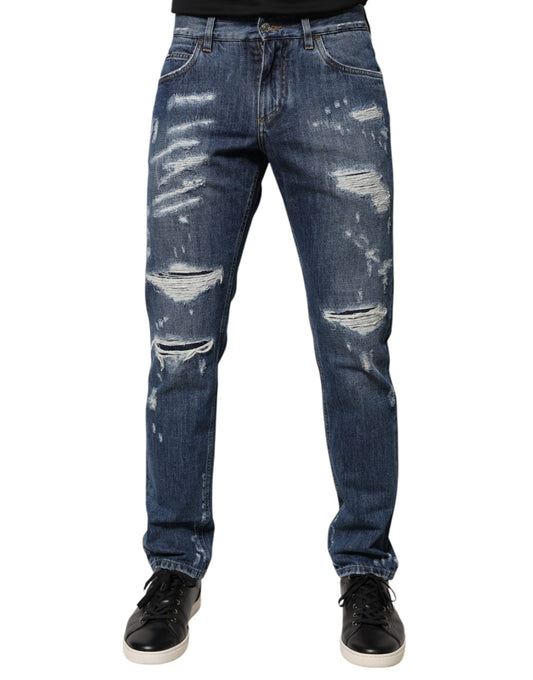 Blue Cotton Tattered Skinny Denim Jeans-Dolce & Gabbana-LabelTerrace.com