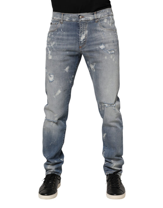 Blue Cotton Tattered Slim Fit Men Denim Jeans-Dolce & Gabbana-LabelTerrace.com