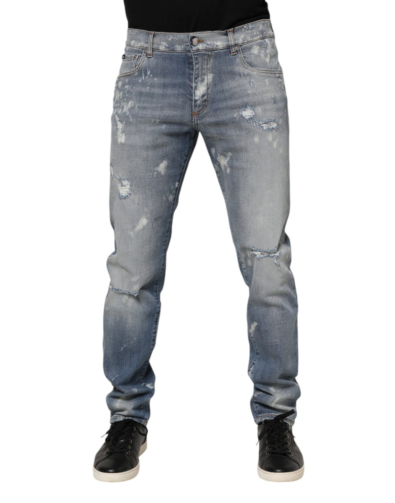 Blue Cotton Tattered Slim Fit Men Denim Jeans-Dolce & Gabbana-LabelTerrace.com