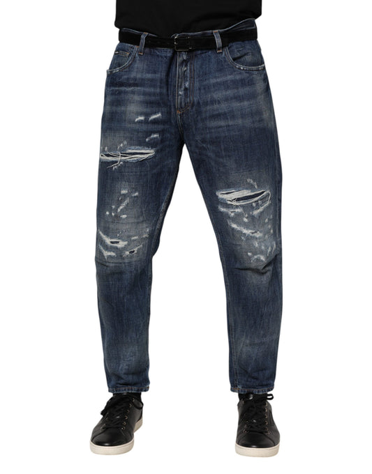 Blue Cotton Tattered Tapered Men Denim Jeans-Dolce & Gabbana-LabelTerrace.com