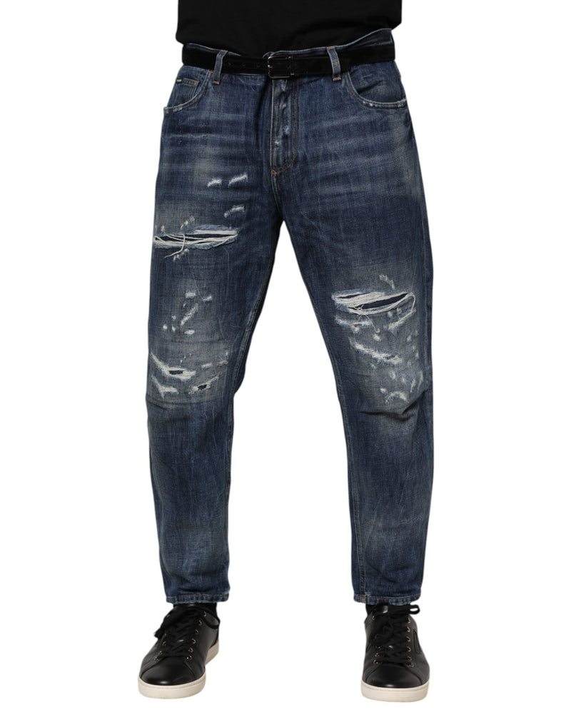 Blue Cotton Tattered Tapered Men Denim Jeans-Dolce & Gabbana-LabelTerrace.com