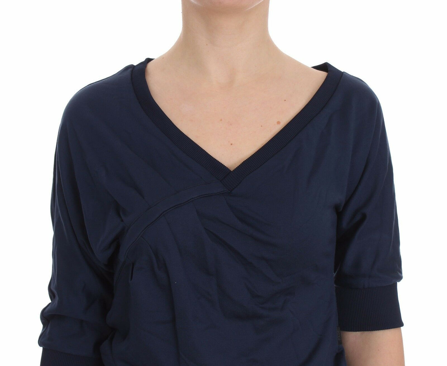 Blue Cotton Top Pullover Deep V-neck Women Sweater-Exte-LabelTerrace.com