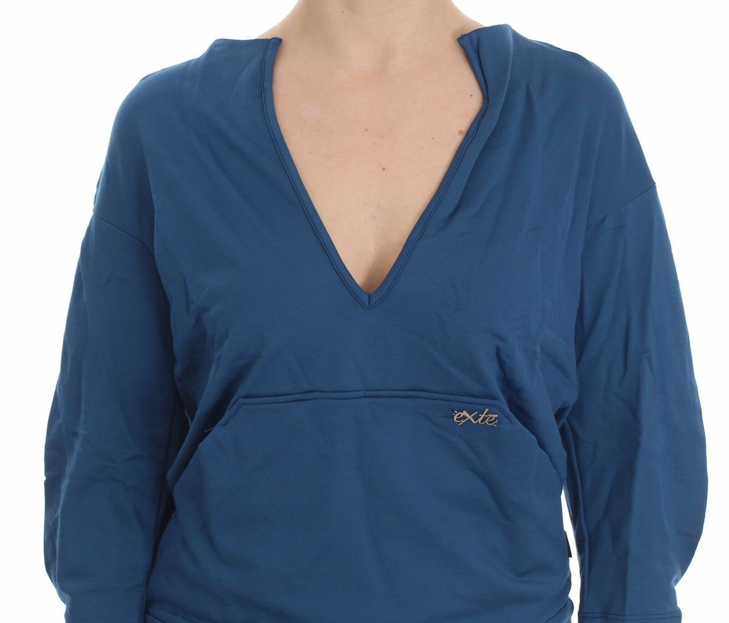 Blue Cotton Top Pullover Deep V-neck Women Sweater-Exte-LabelTerrace.com