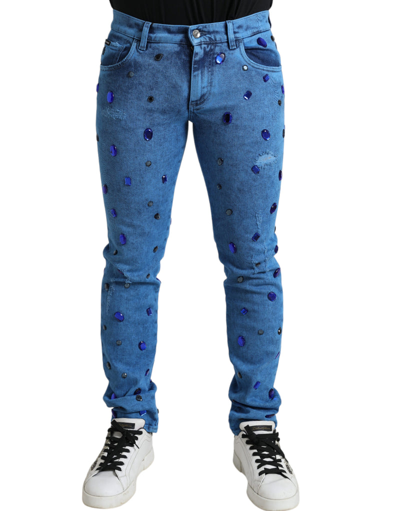 Blue Crystal Embellished Skinny Denim Jeans-Dolce & Gabbana-LabelTerrace.com