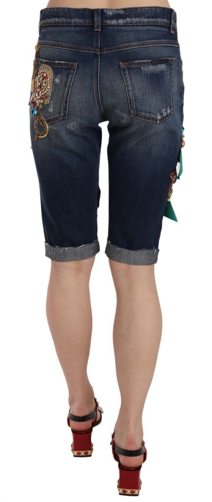 Blue Denim Mid Waist Crystal Capri Shorts-Dolce & Gabbana-LabelTerrace.com