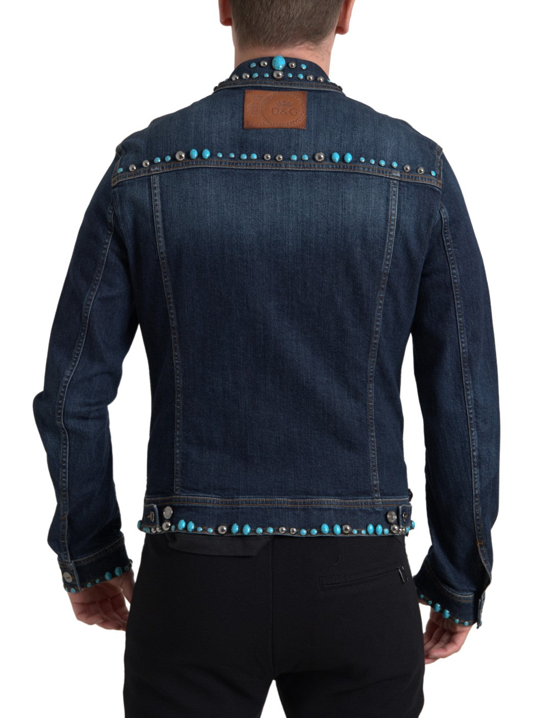 Blue Denim Turquoise Stones Studded Jacket-Dolce & Gabbana-LabelTerrace.com