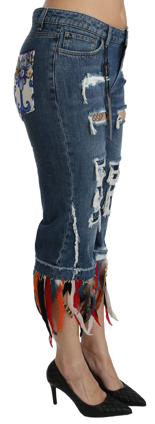 Blue Feathers Low Waist Cropped Cotton Jeans-Dolce & Gabbana-LabelTerrace.com
