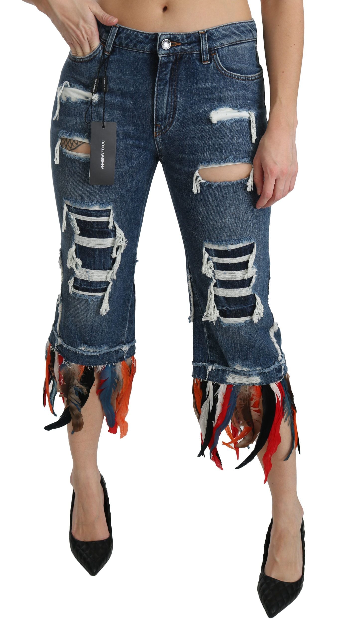 Blue Feathers Low Waist Cropped Cotton Jeans-Dolce & Gabbana-LabelTerrace.com