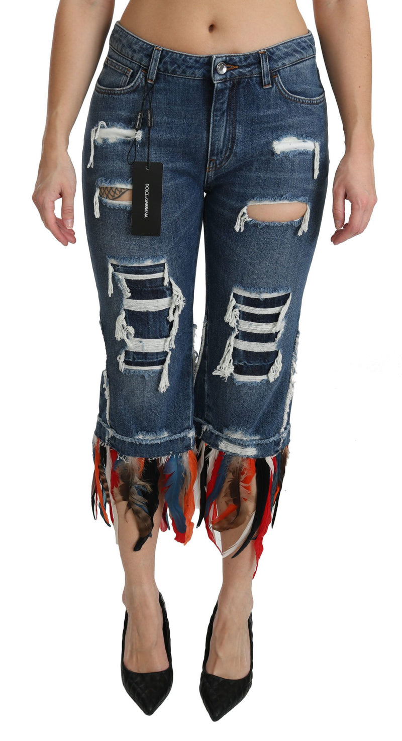 Blue Feathers Low Waist Cropped Cotton Jeans-Dolce & Gabbana-LabelTerrace.com