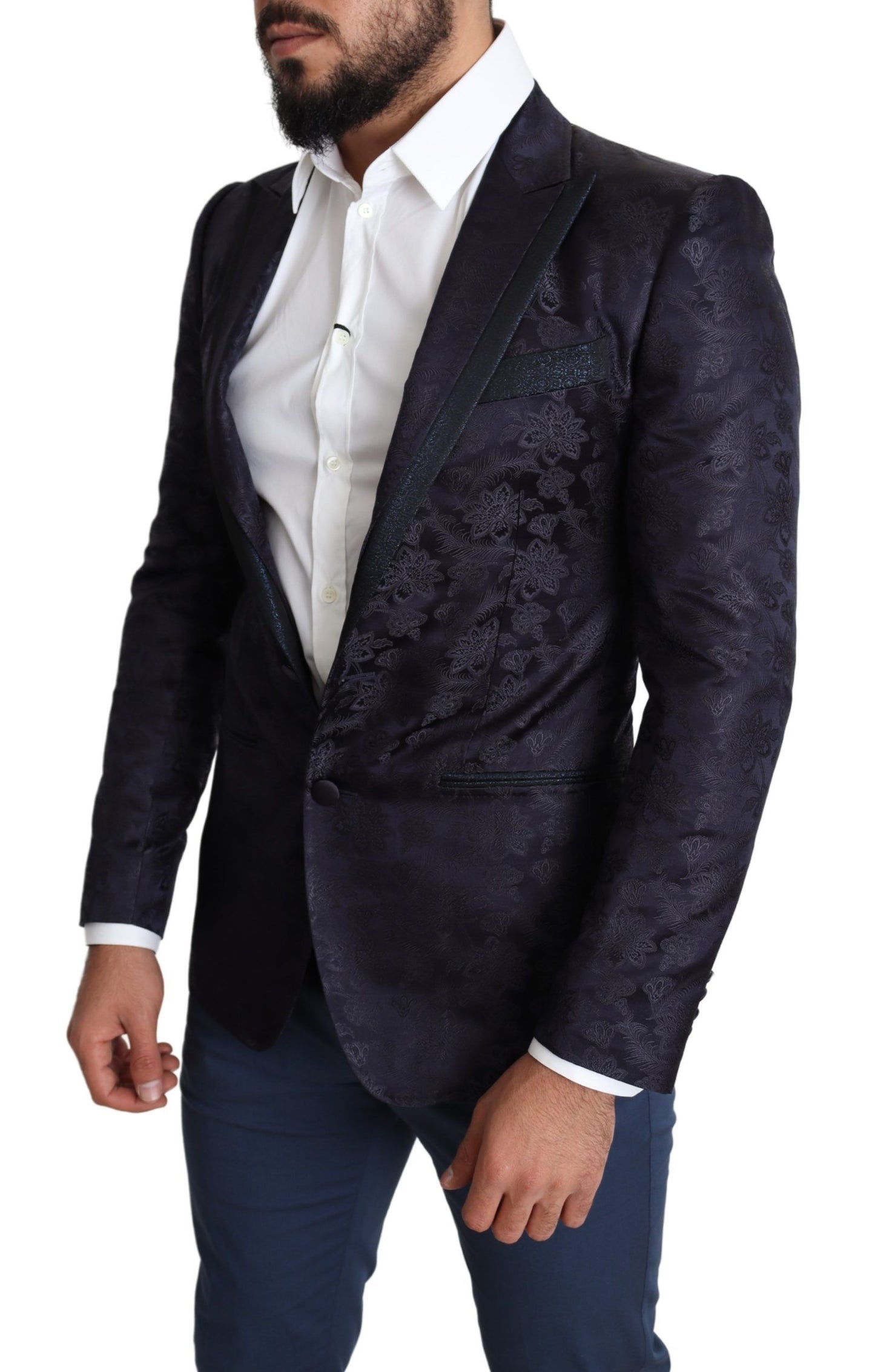 Blue Floral Jacquard Silk Coat MARTINI Blazer-Dolce & Gabbana-LabelTerrace.com