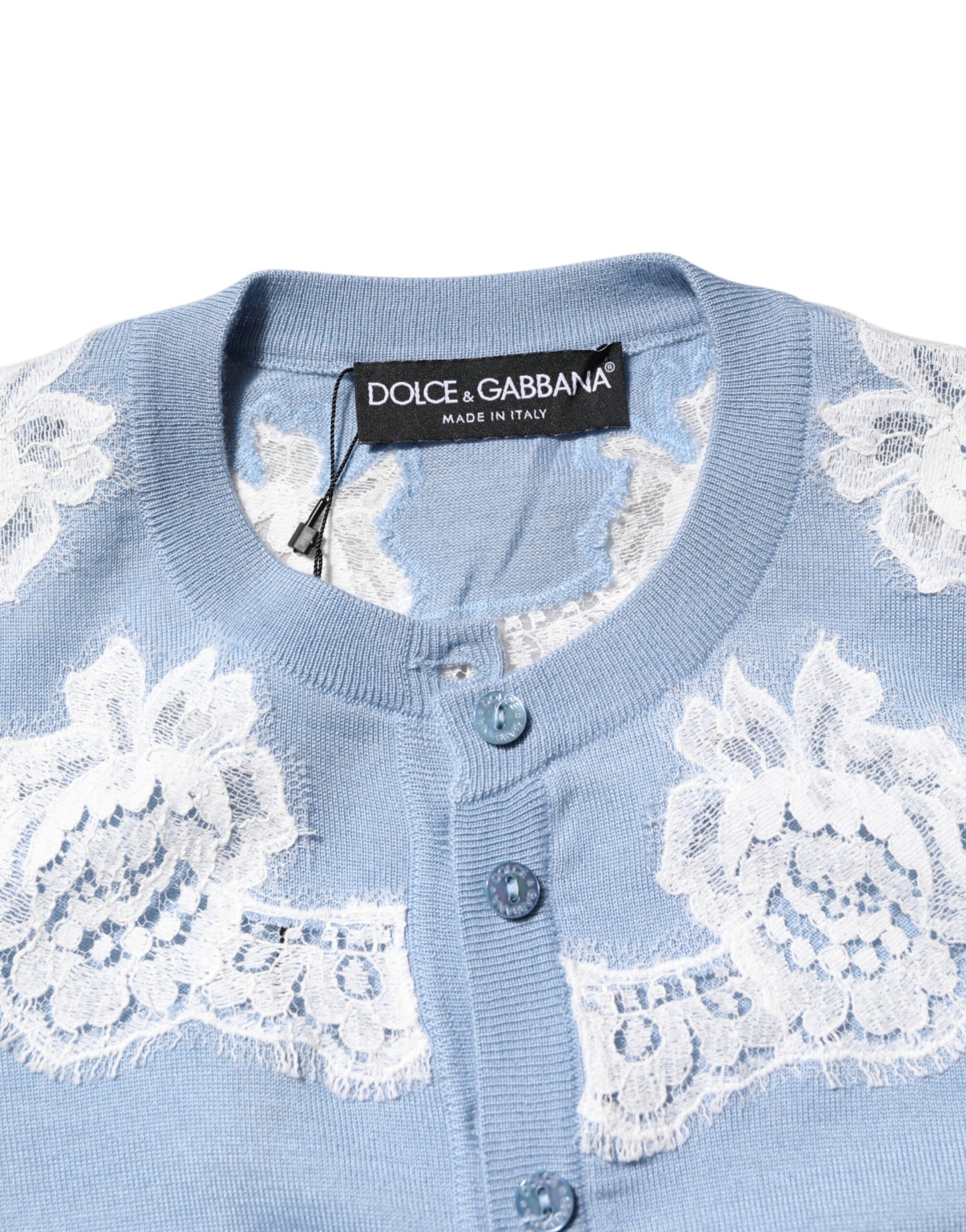 Blue Floral Lace Detailing Cardigan Sweater-Dolce & Gabbana-LabelTerrace.com