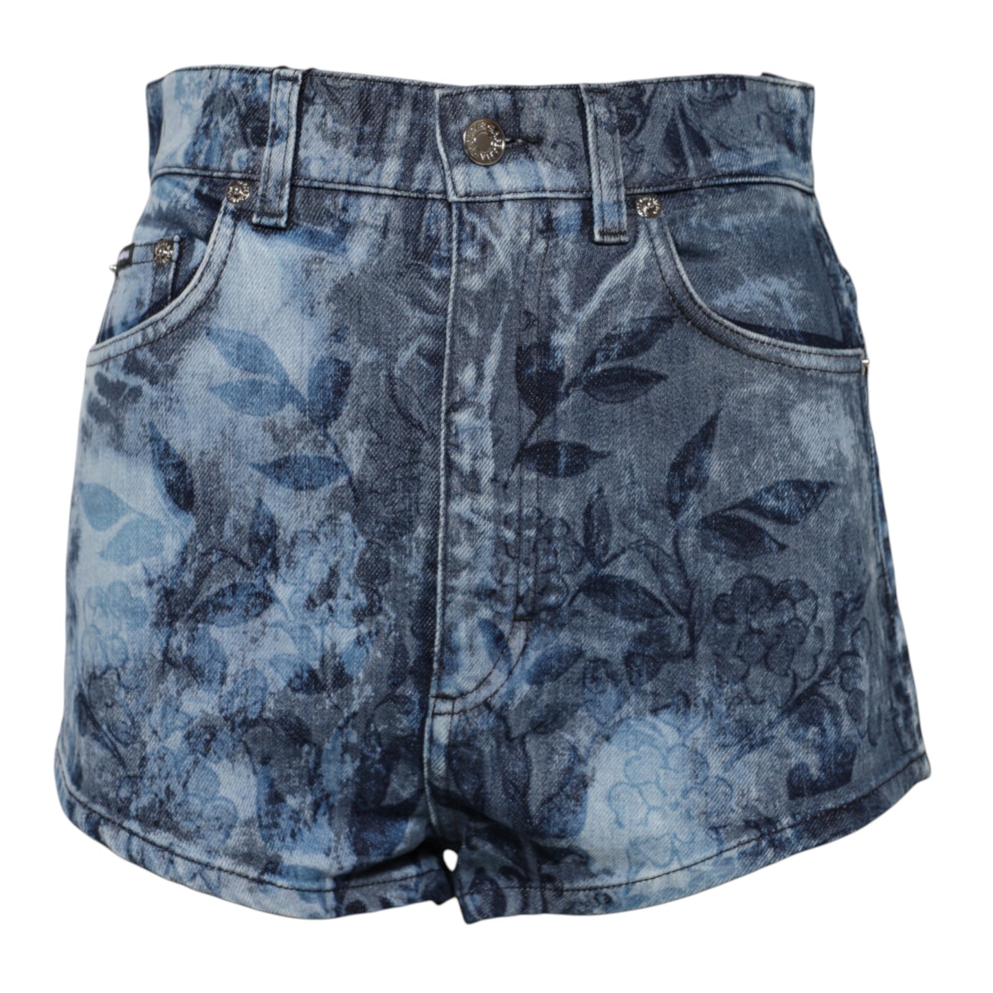 Blue Floral Print Denim Cotton Hot Pants Shorts