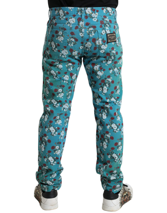 Blue Floral Print Skinny Cotton Denim Pants-Dolce & Gabbana-LabelTerrace.com