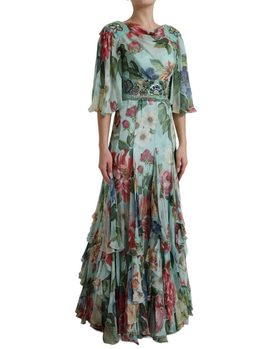 Blue Floral Print Tiered Long Maxi Dress-Dolce & Gabbana-LabelTerrace.com