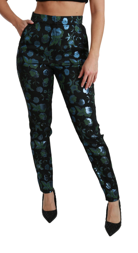 Blue Green Floral Metallic Slim Pants-Dolce & Gabbana-LabelTerrace.com