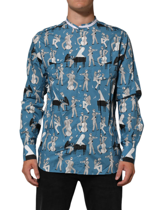 Blue Jazz Printed Cotton Button Front Shirt-Dolce & Gabbana-LabelTerrace.com