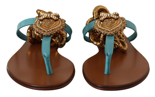 Blue Leather Devotion Flats Sandals-Dolce & Gabbana-LabelTerrace.com