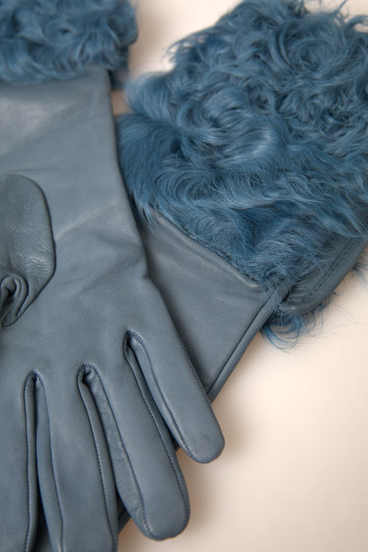 Blue Leather Fur Mid Arm Length Gloves-Dolce & Gabbana-LabelTerrace.com