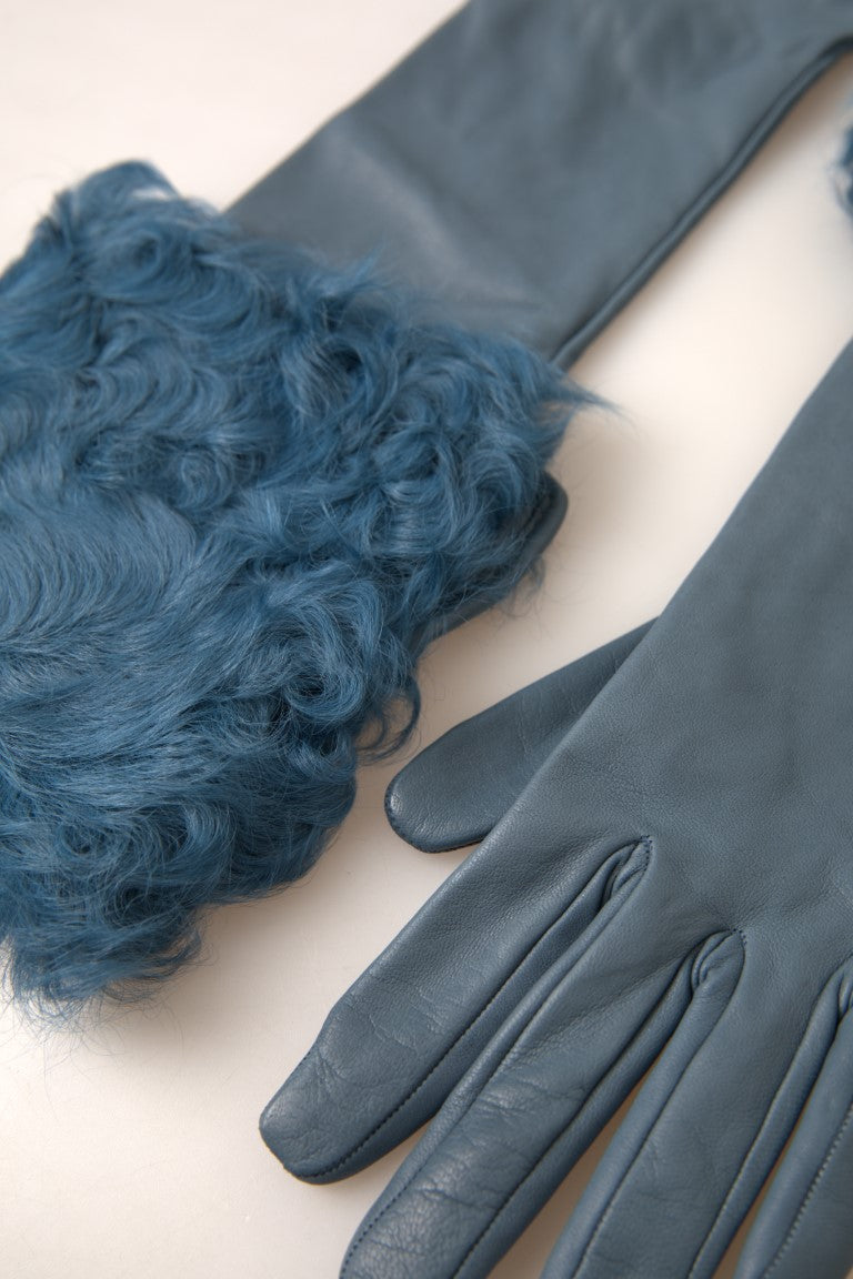 Blue Leather Fur Mid Arm Length Gloves-Dolce & Gabbana-LabelTerrace.com